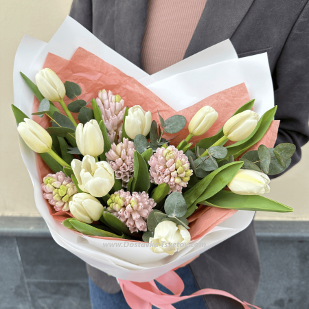 #4 Bouquet of white tulips with pink hyacinths