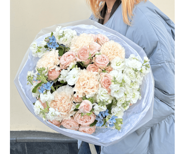 Flowers #20 Bouquet in pastel colors with peony rose Bombastic and forget-me-nots