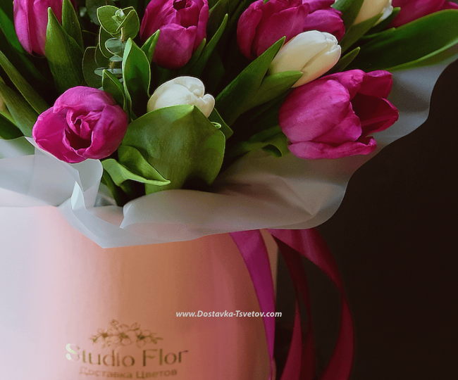 Bouquet of 55 tulips in a box  "Luxury" - photo #2
