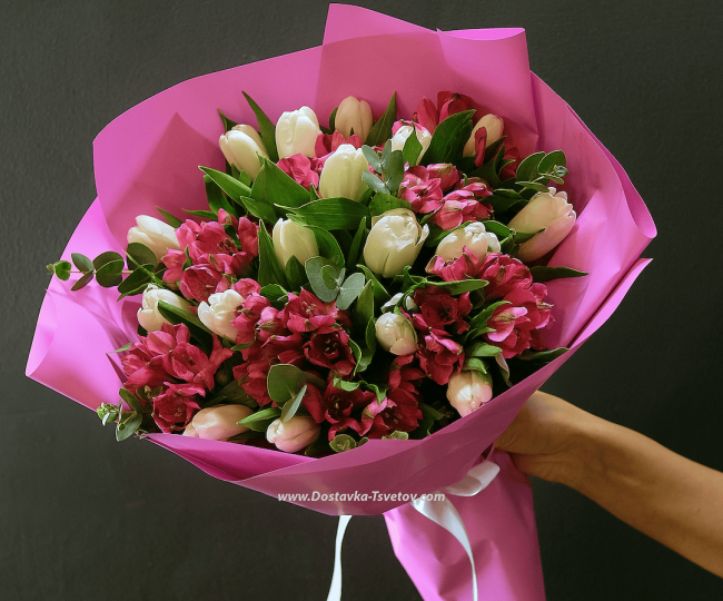 Flowers Bouquet of tulips and alstroemerias "Slava"