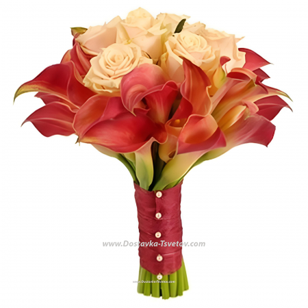 Bridal bouquet of roses and calla lilies "Corals"
