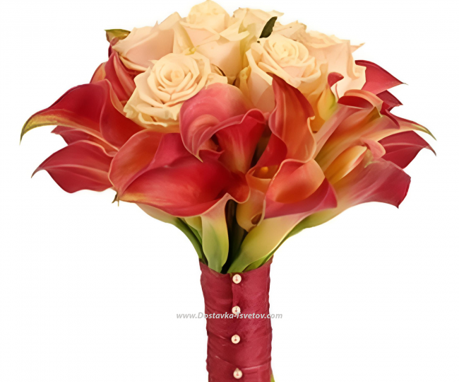 Flowers Bridal bouquet of roses and calla lilies "Corals"