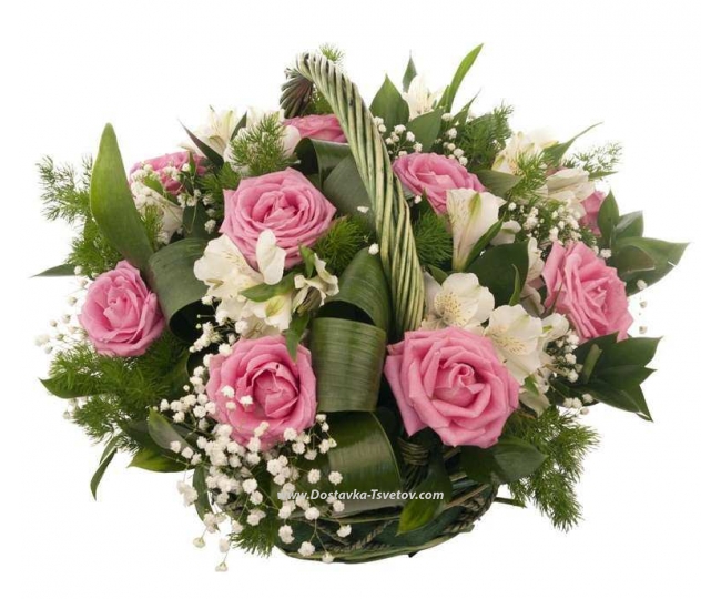 Flowers Pink roses in the basket "Coquette"