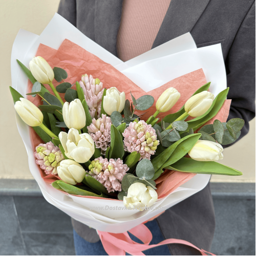 #4 Bouquet of white tulips with pink hyacinths