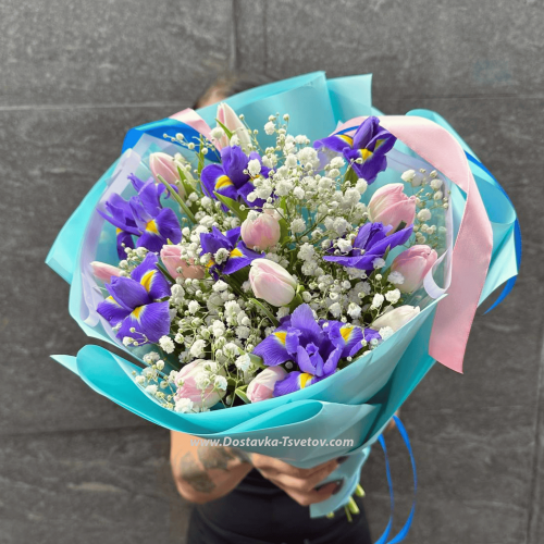 Irises and tulips "Summer sky"